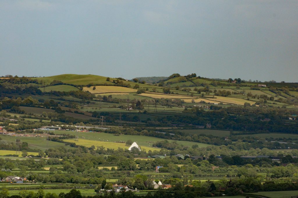 view of Glastonbury Festival from the tor