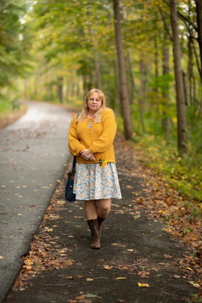 Styling a mustard jumper and 1950's dress